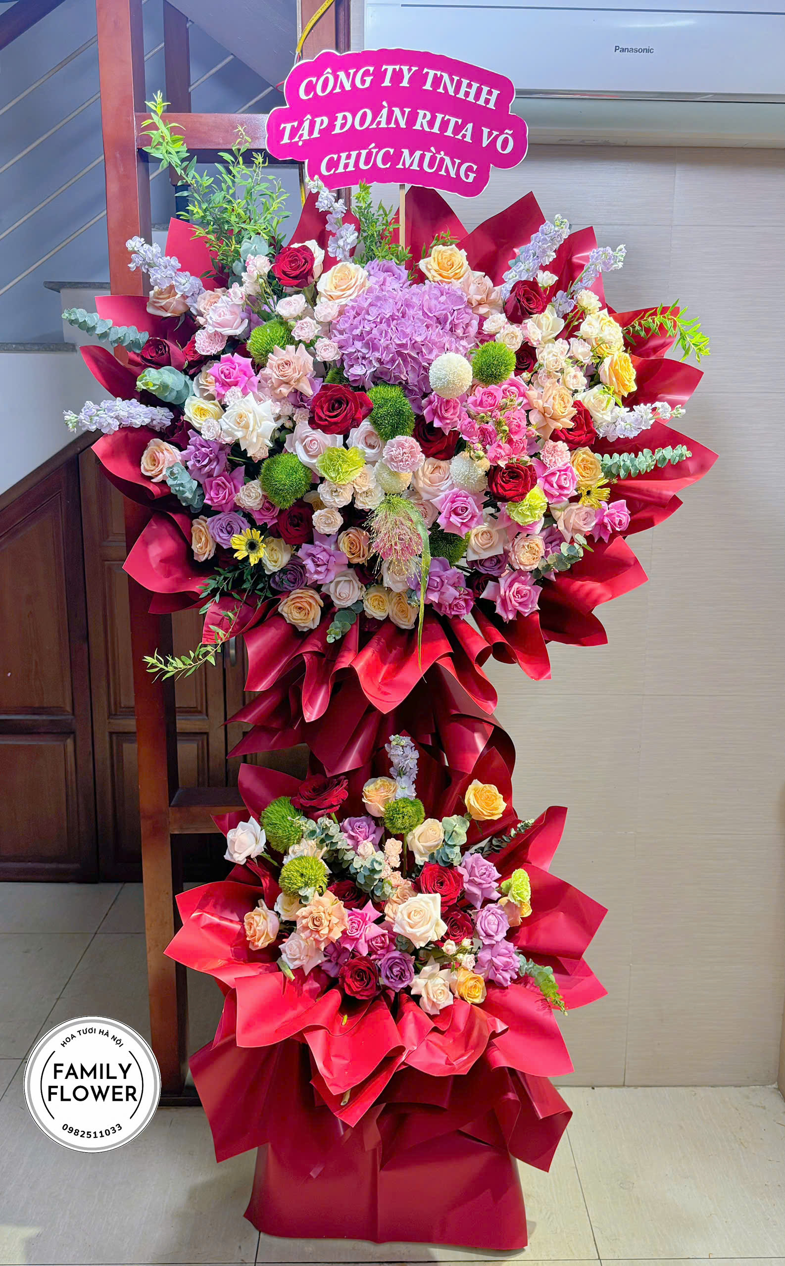 Kệ hoa 2 tầng ! Kệ hoa tone đỏ mừng khai trương ! Hoa khai trương Hà Nội