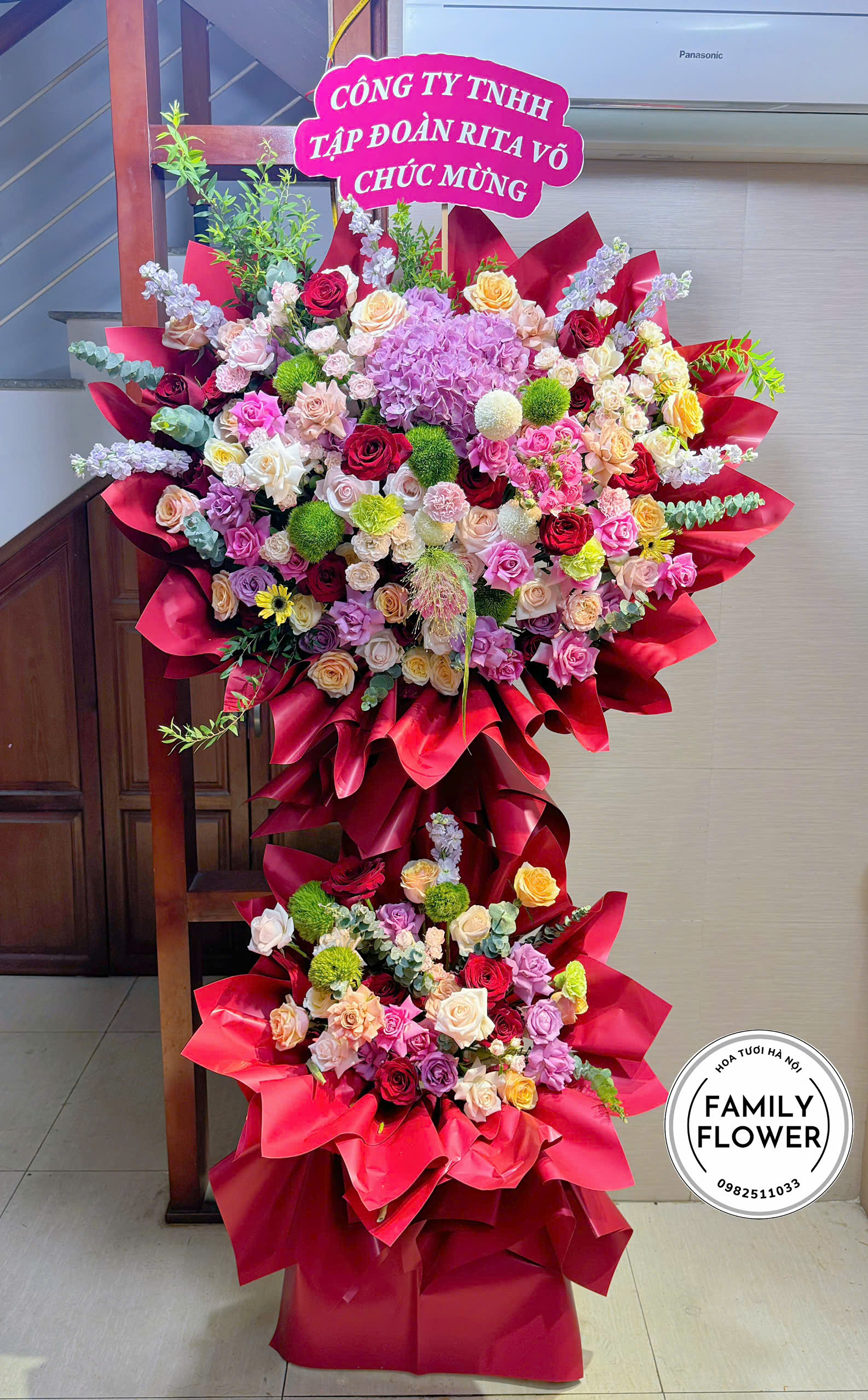 Kệ hoa 2 tầng ! Kệ hoa tone đỏ mừng khai trương ! Hoa khai trương Hà Nội
