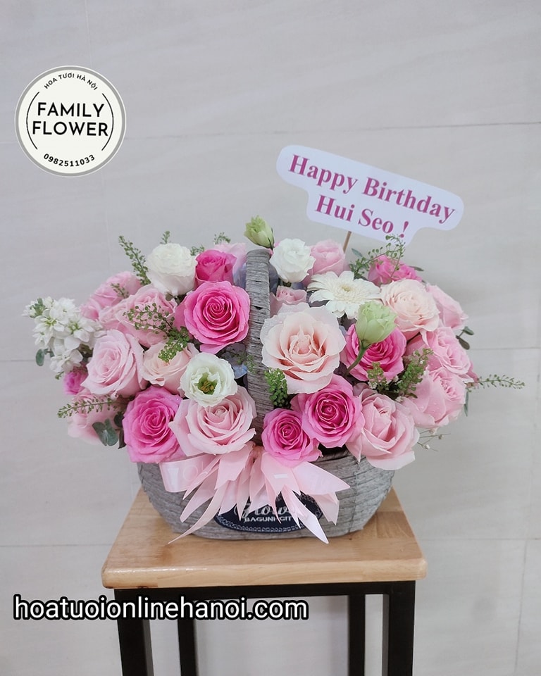 Lẵng hoa tone hồng ngọt ngào phong cách hàn quốc chúc mừng sinh nhật ,hoa sinh nhật Hà Nội