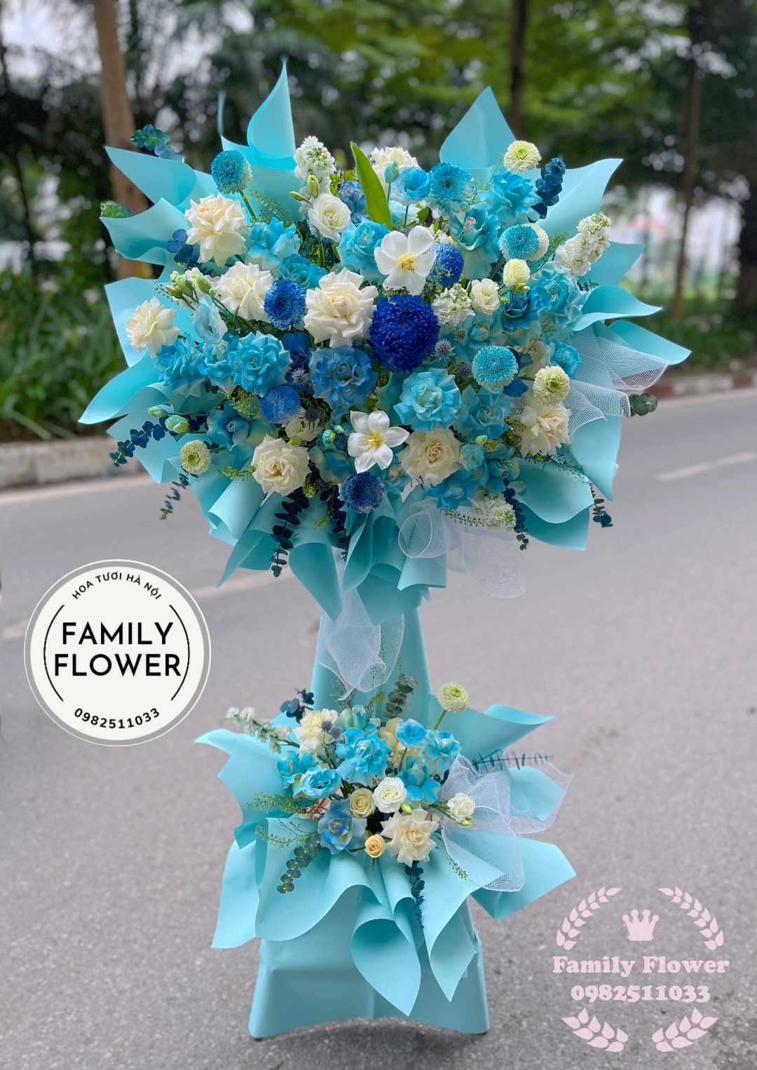 Kệ hoa xanh dương chúc mừng khai trương, sự kiện ở quận Đống Đa Hà Nội, hoa tươi Hà Nội