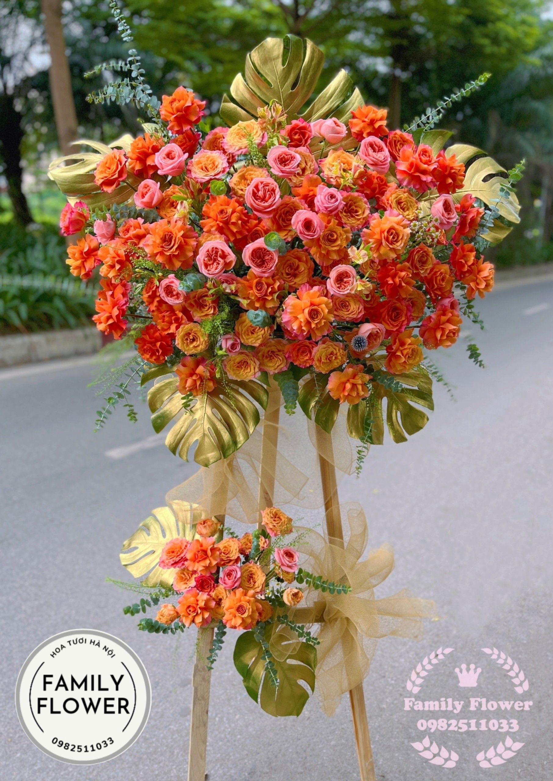 Kệ hoa tone cam hồng sang trọng , vip tặng khai trương, sự kiện đẹp tại Hà Nội! Hoa khai trương Hà Nội, hoa tươi Hà Nội
