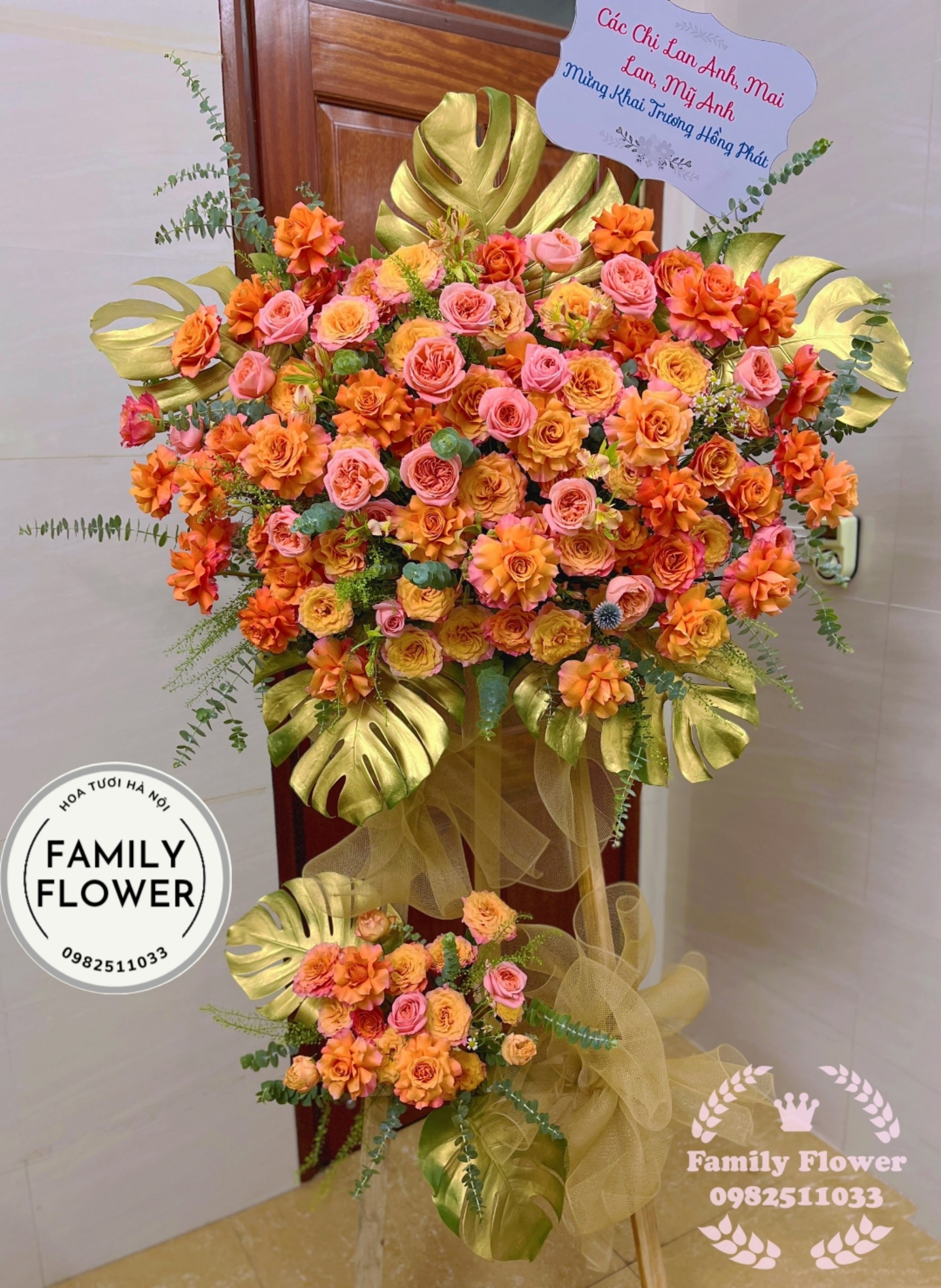 Kệ hoa tone cam hồng sang trọng , vip tặng khai trương, sự kiện đẹp tại Hà Nội! Hoa khai trương Hà Nội, hoa tươi Hà Nội