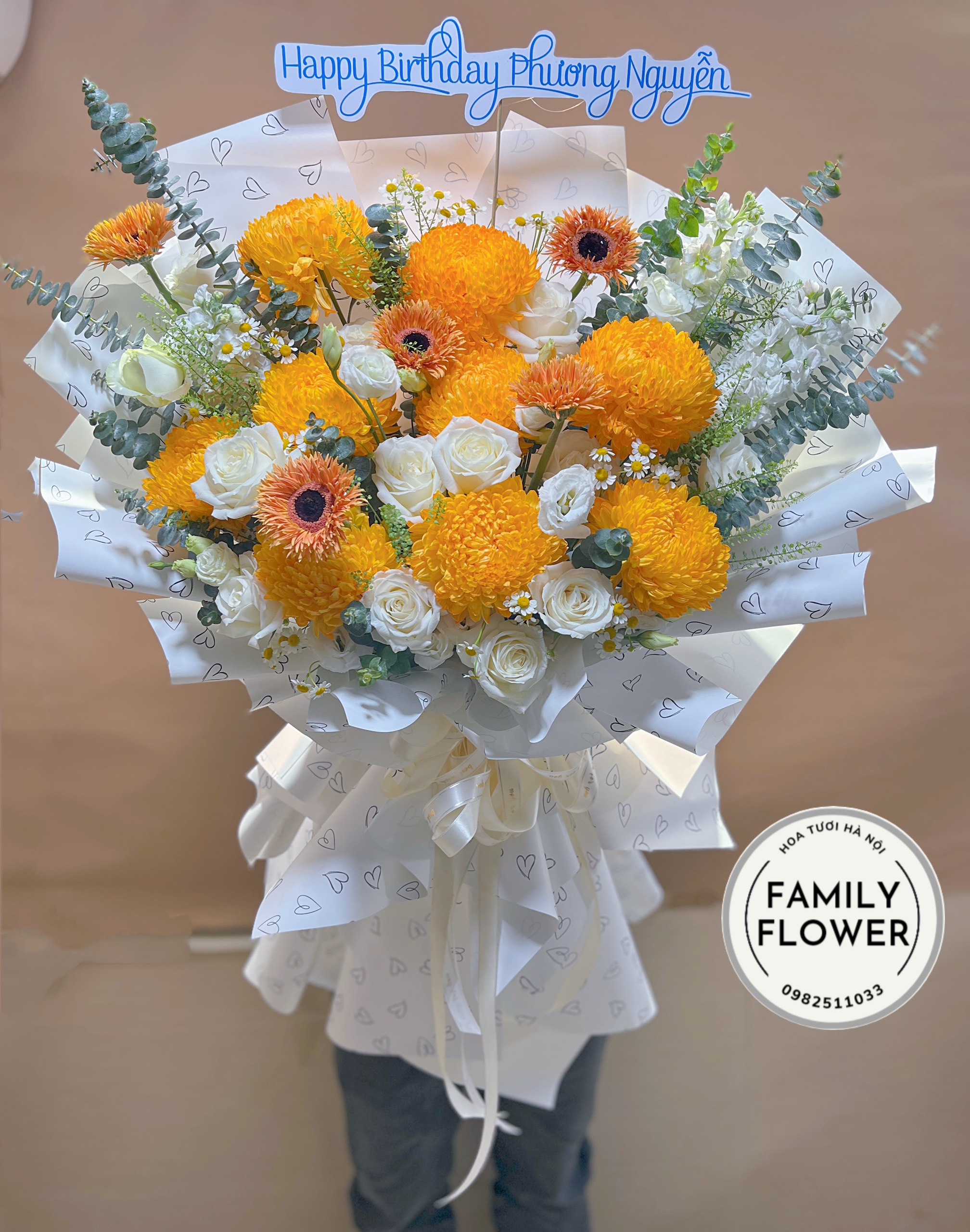 Bó hoa cúc mẫu đơn cam tặng sinh nhật ở Hoàn Kiếm Hà Nội ! Mua hoa sinh nhật Hà Nội