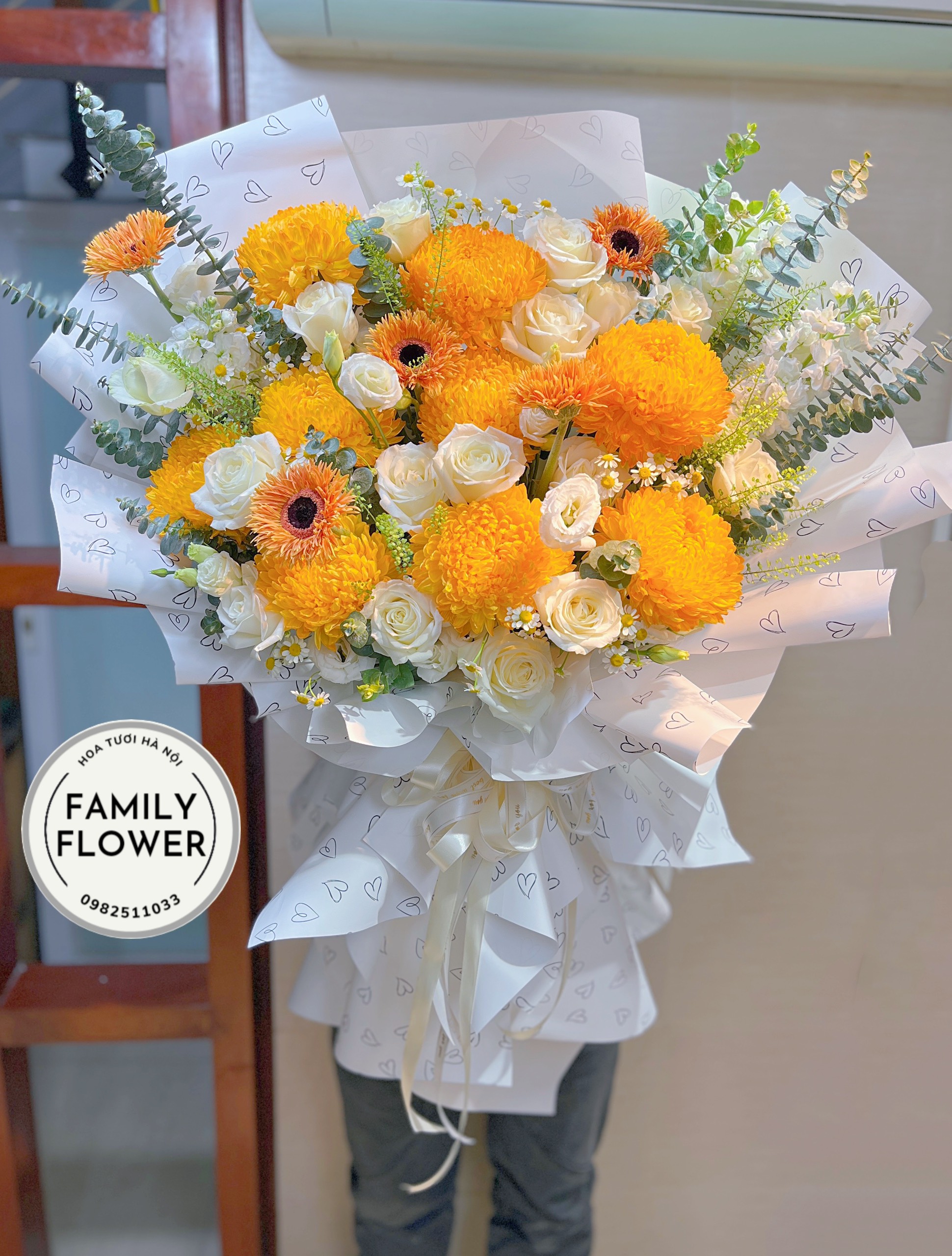 Bó hoa cúc mẫu đơn cam tặng sinh nhật ở Hoàn Kiếm Hà Nội ! Mua hoa sinh nhật Hà Nội