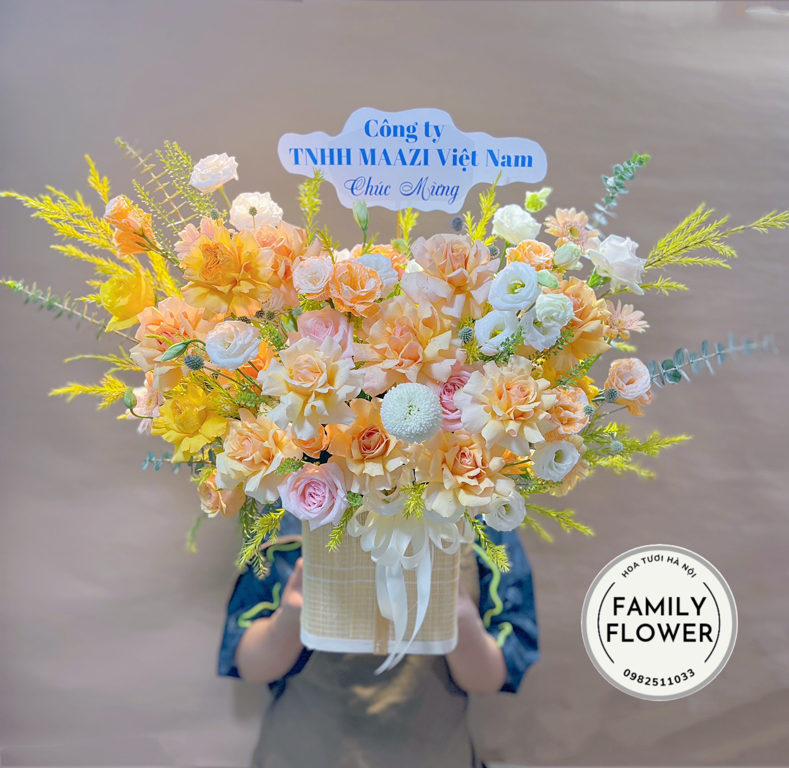 Lẵng hoa tone cam vàng tặng sinh nhật quận Đống Đa Hà Nội ! Hoa tươi Đống Đa