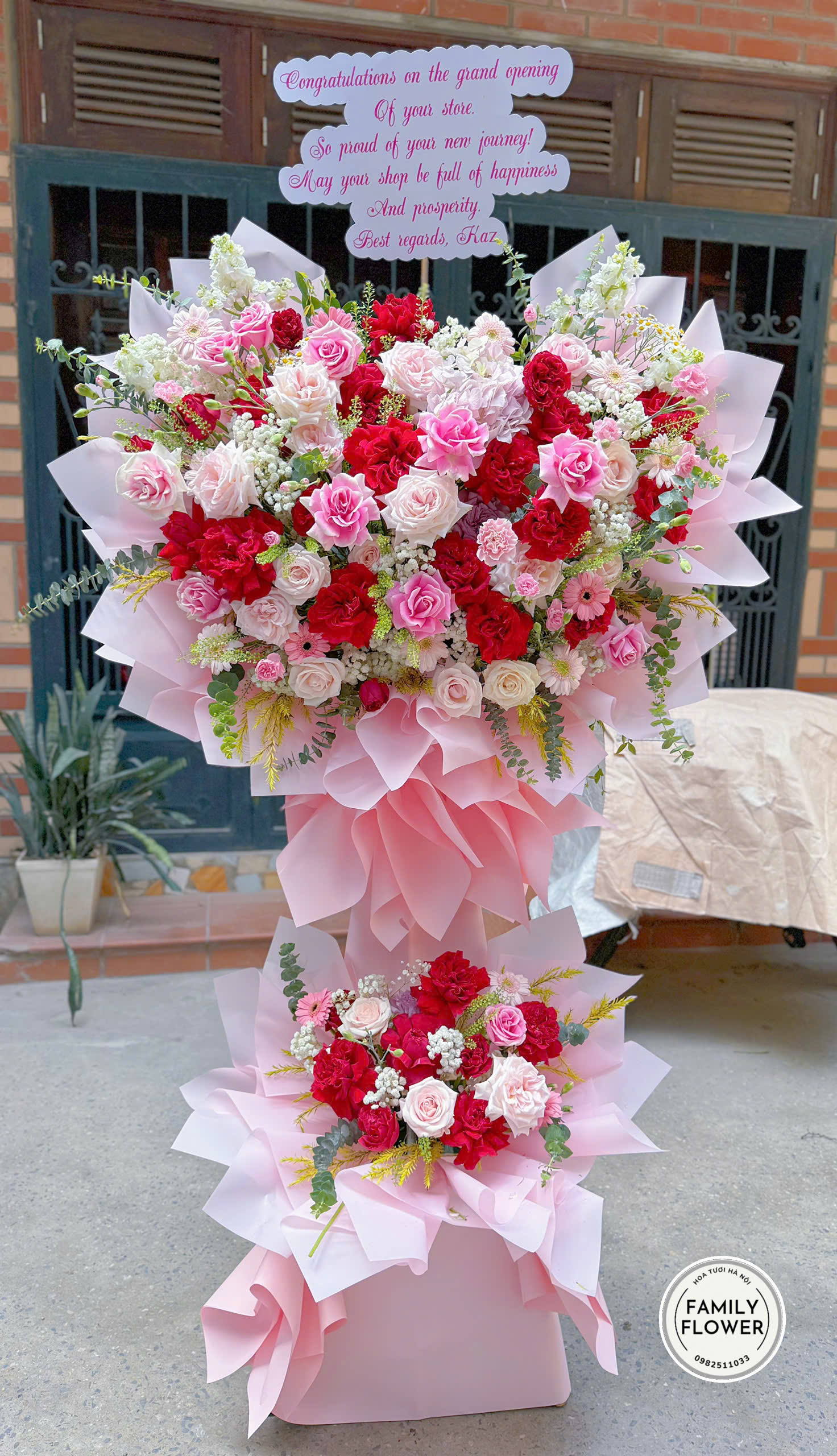 Kệ hoa tone đỏ hồng tặng chúc mừng khai trương tại Hà Nội ! Mua hoa tươi online tại Ba Đình Hà Nội