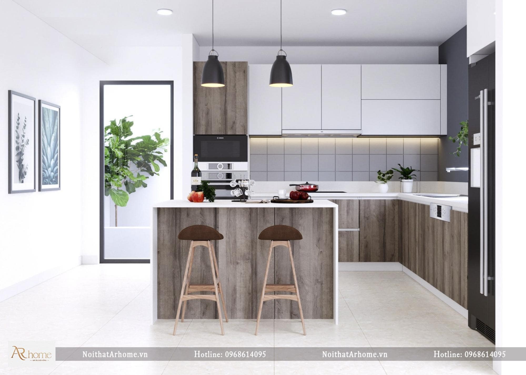 Kết hợp tủ bếp cánh acrylic với quầy bar 