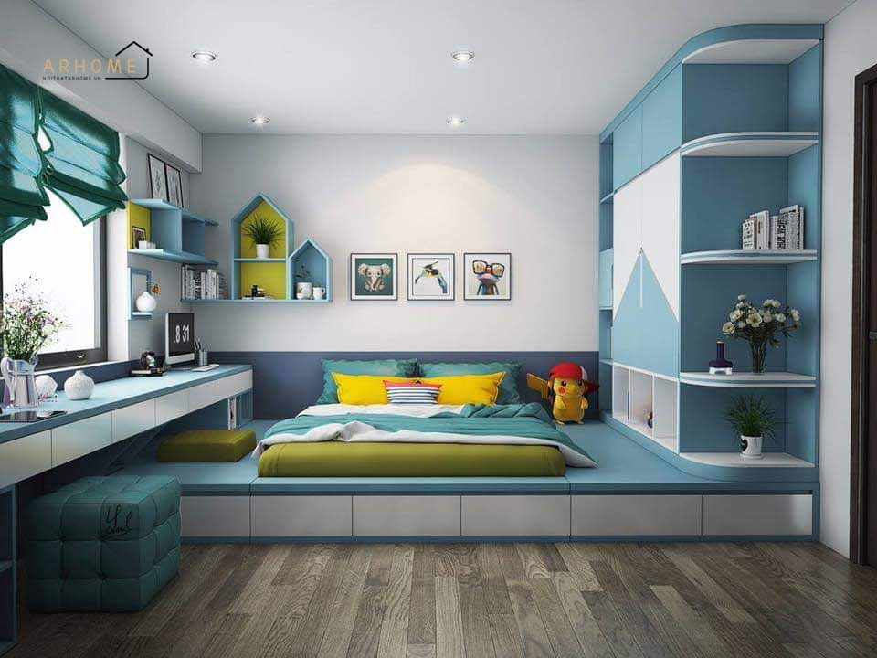 Giường ngủ cho bé trai tone màu xanh