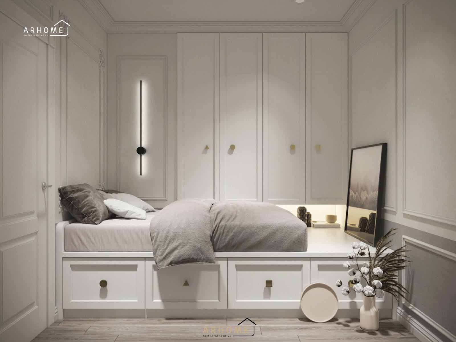 Mẫu giường ngủ tân cổ điển có đầu giường tích hợp ngăn kéo