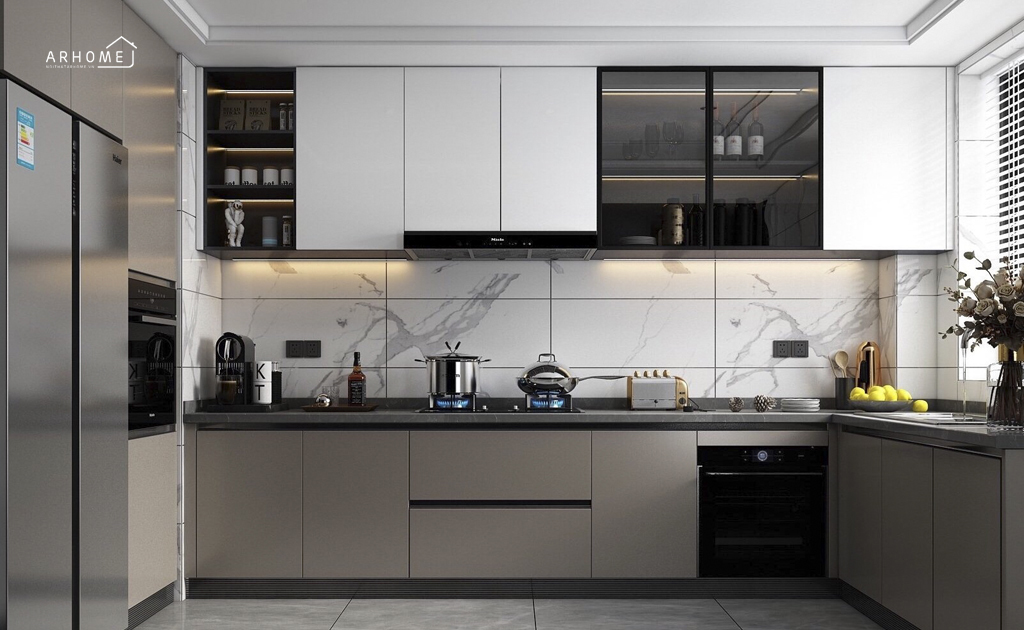 Mẫu tủ bếp inox cánh acrylic đẹp đơn giản đầy đủ tính năng