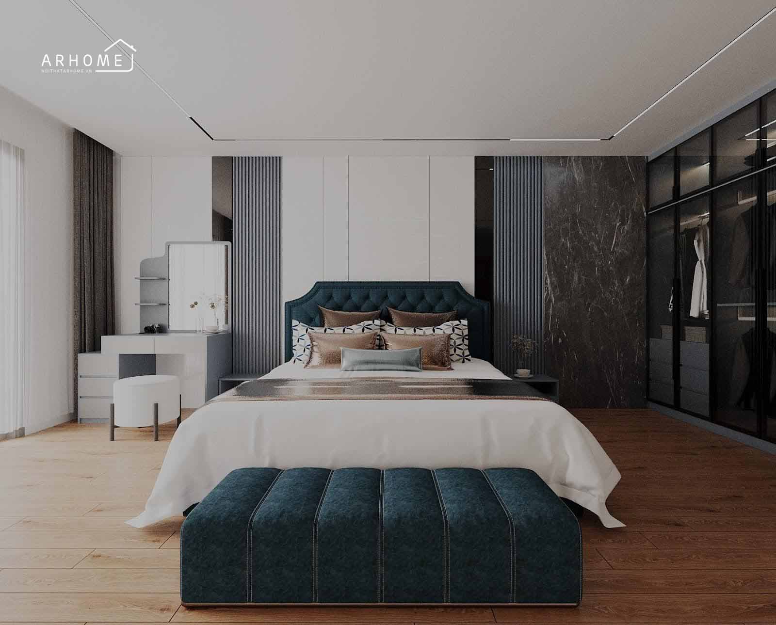 Thiết kế giường ngủ tân cổ điểm gam màu xanh