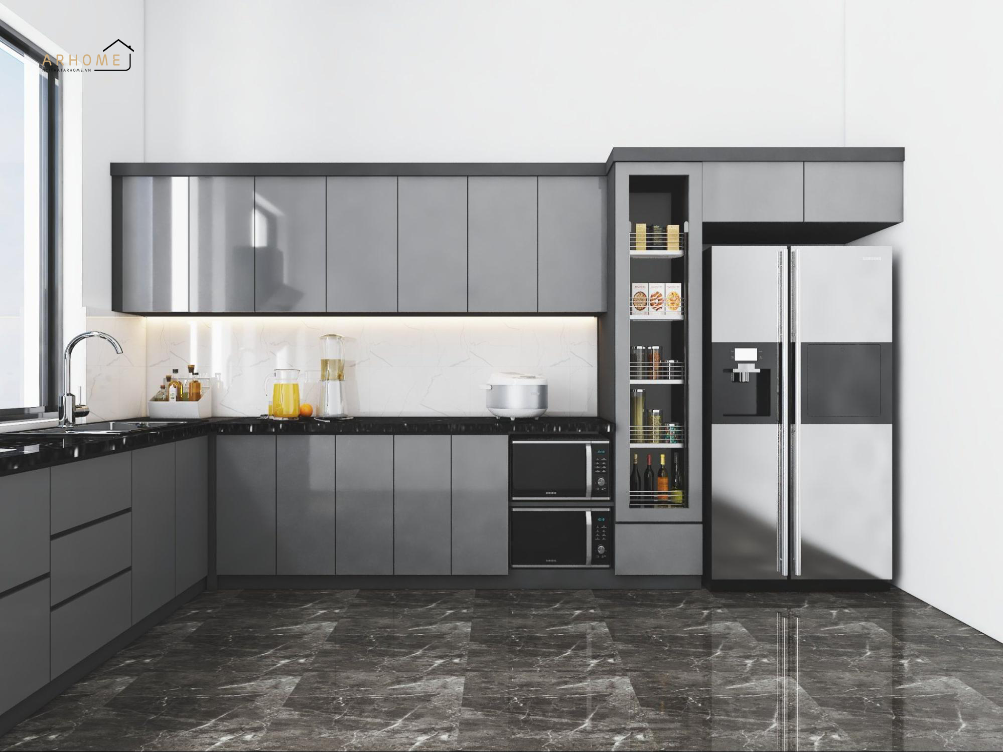 Thiết kế tủ bếp inox 304 kết hợp cánh Acrylic bóng gương