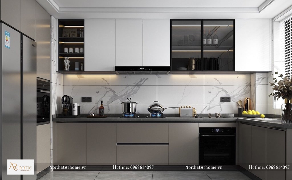 Mẫu tủ bếp inox và cánh acrylic