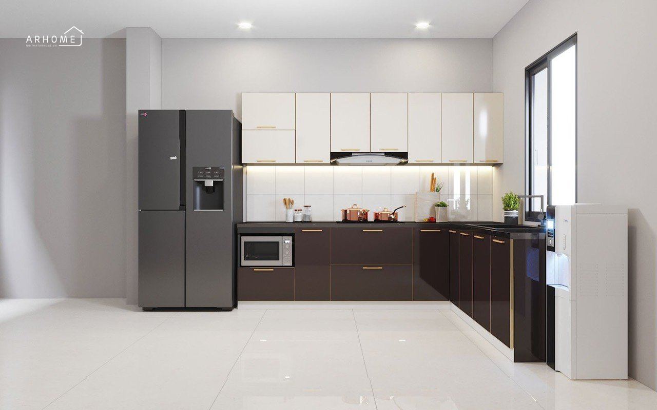 Tủ bếp khung inox 304 cánh kính hình chữ I