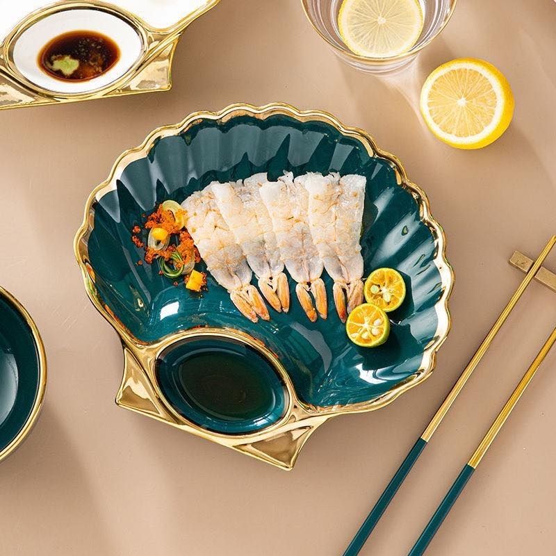 Dĩa hình sò chia ngăn viền vàng