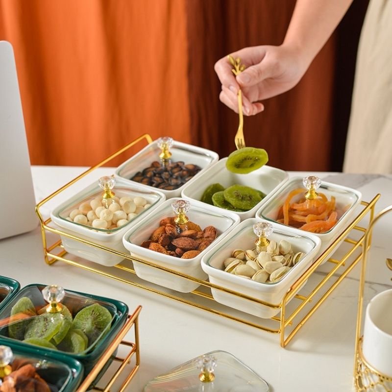 Khay mứt 6 hũ khung thép xanh-trắng