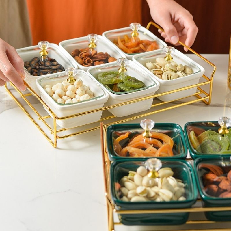 Khay mứt 6 hũ khung thép xanh-trắng