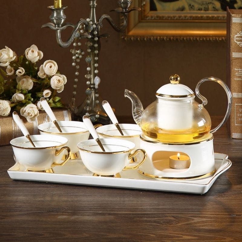 Bộ trà đế nến hoàng gia trắng sứ xương