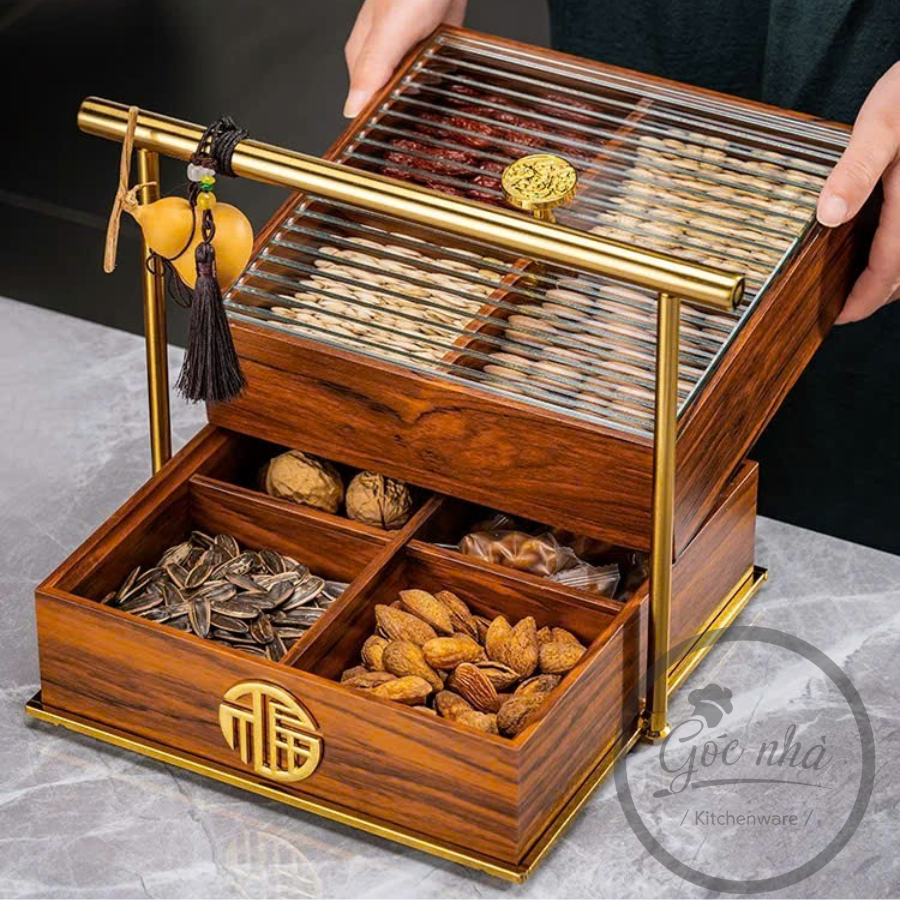 Khay Mứt Gỗ Vuông Cát Tường 2 Tầng