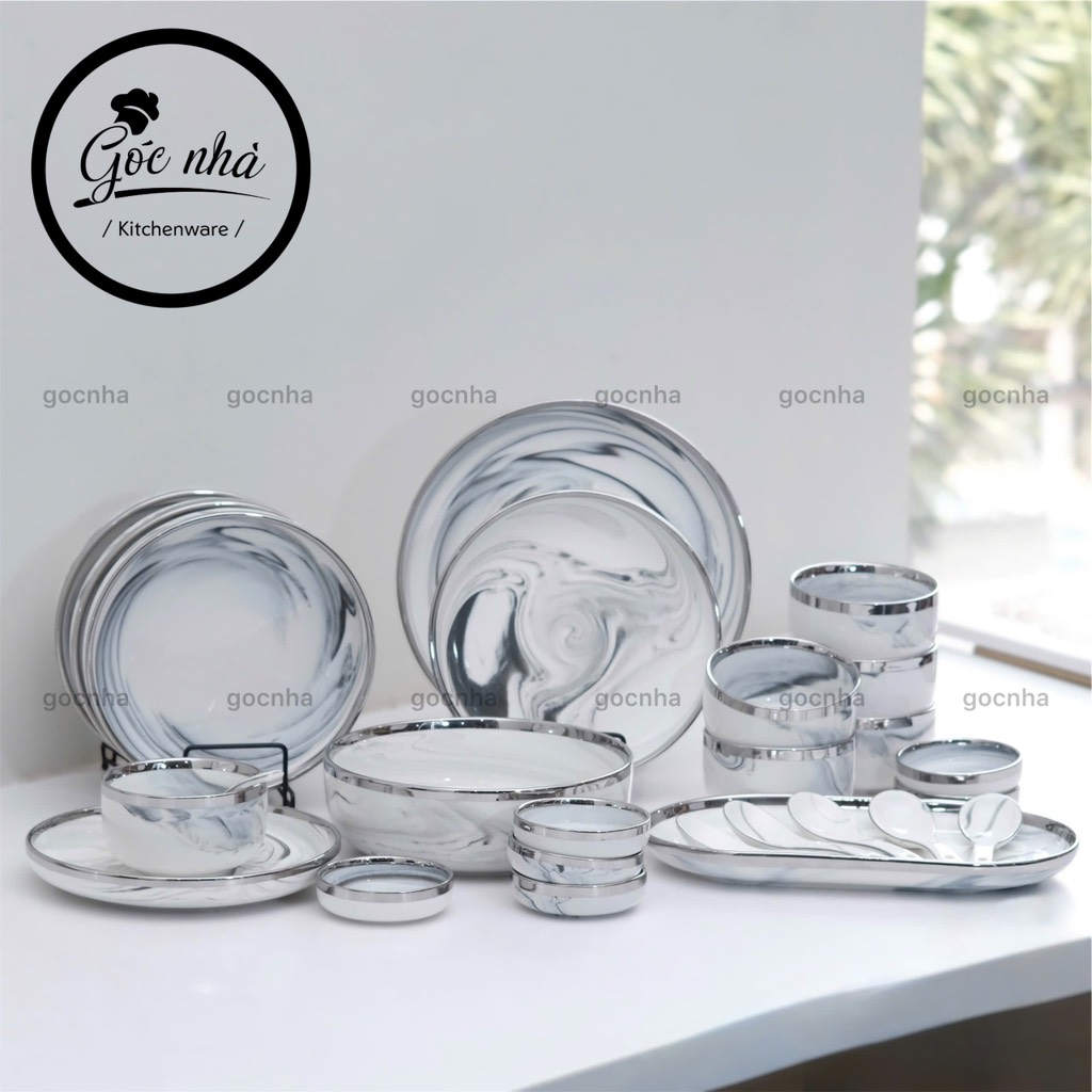 Set chén dĩa 26 món Nordic style viền vàng