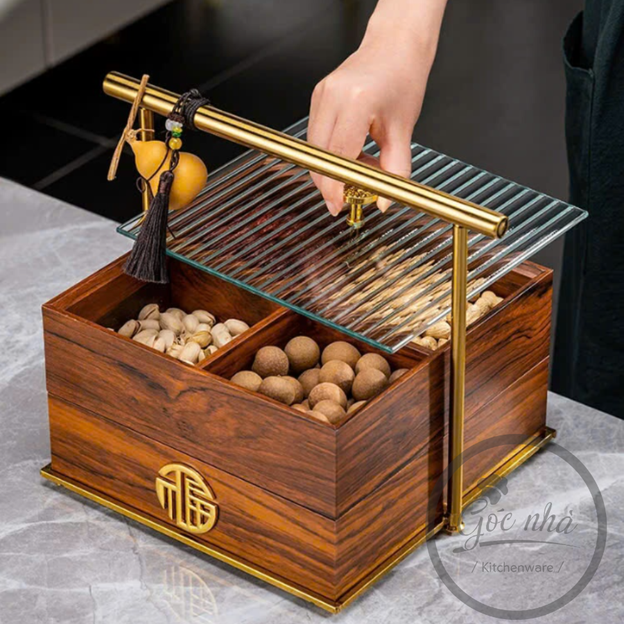 Khay Mứt Gỗ Vuông Cát Tường 2 Tầng