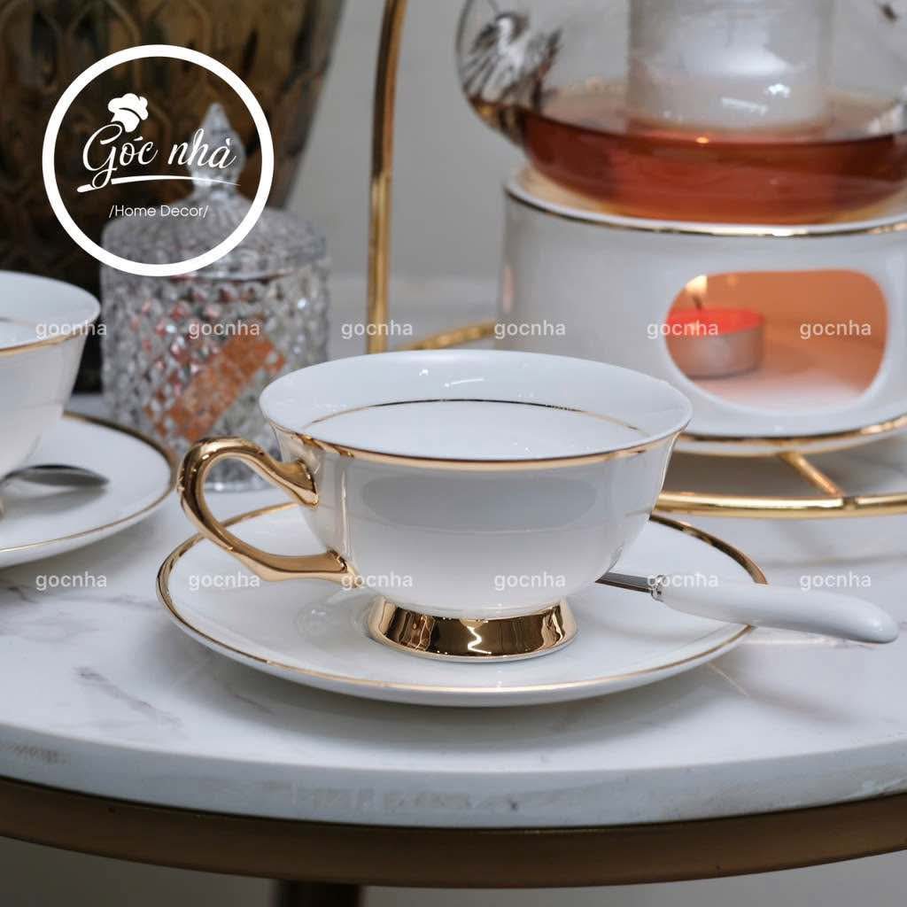 Bộ trà đế nến hoàng gia trắng sứ xương