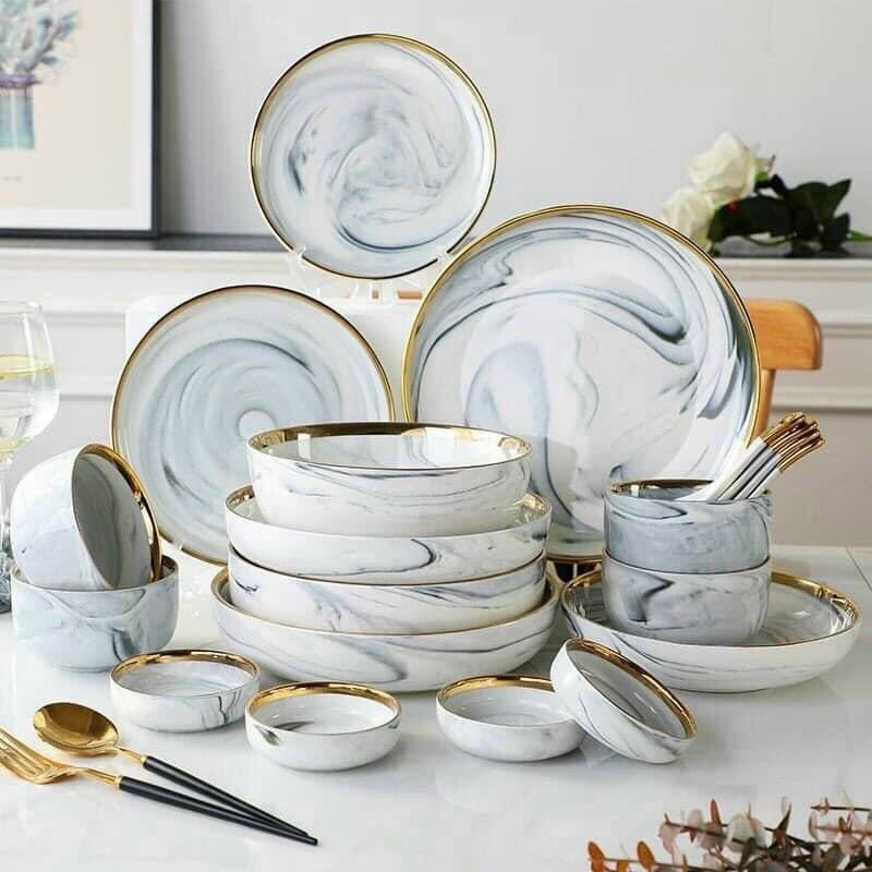 Set chén dĩa 26 món Nordic style viền vàng