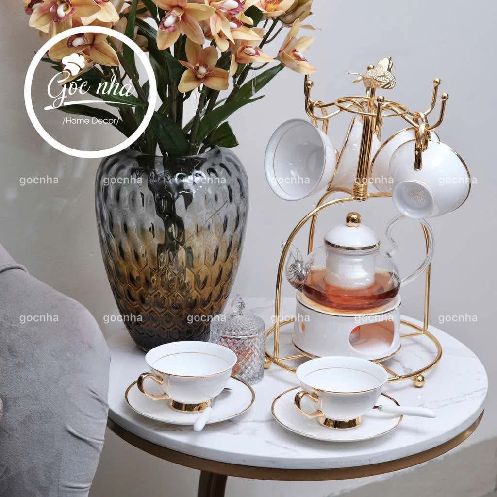 Bộ trà đế nến hoàng gia trắng sứ xương