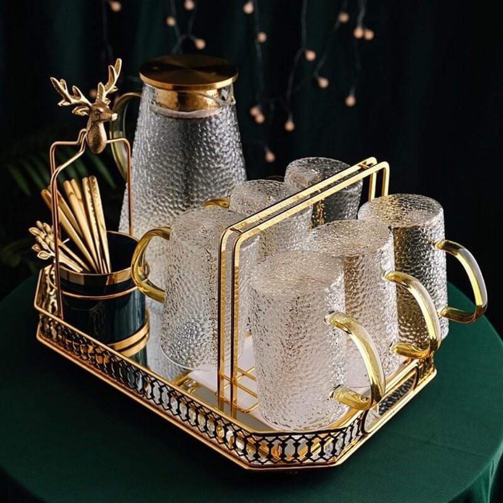 Set Bình Thủy Tinh Khay Gương Kèm Giỏ Nĩa Hươu