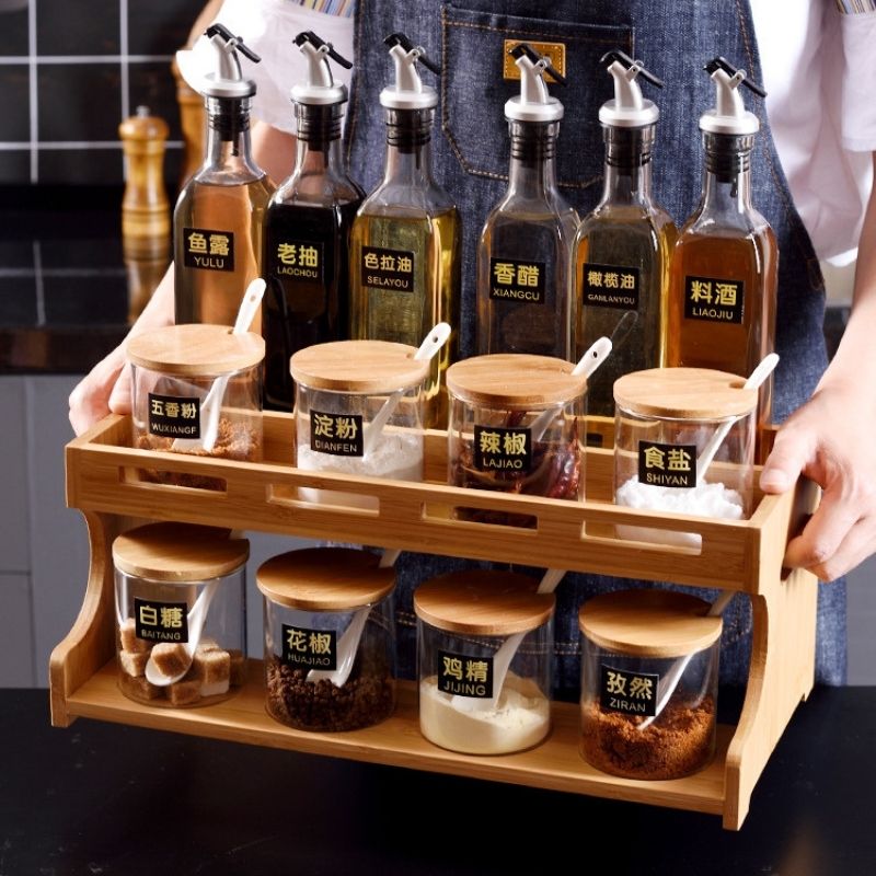 Set gia vị khung gỗ 11/15 chi tiết hũ trong