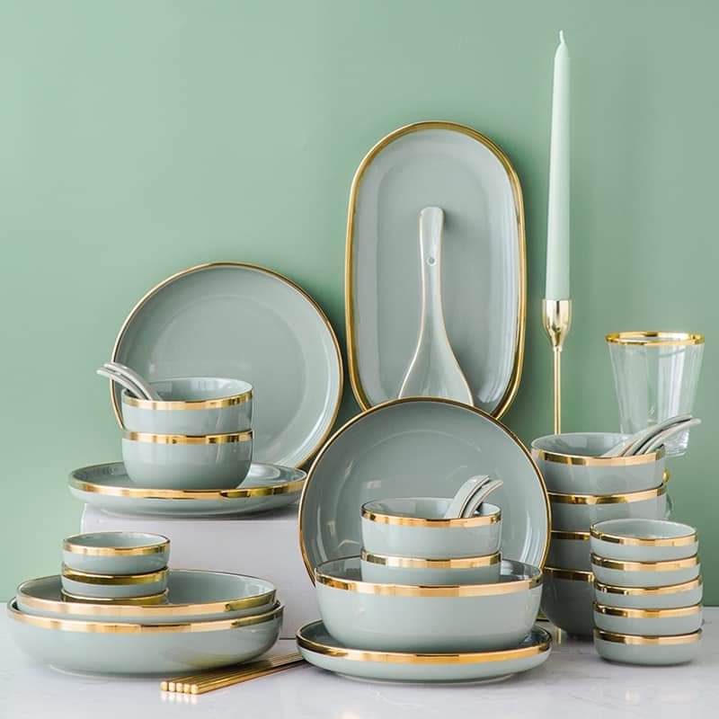 Set chén dĩa 26 món Nordic style viền vàng