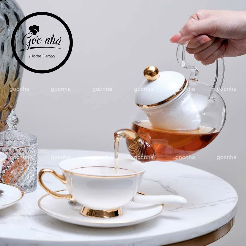 Bộ trà đế nến hoàng gia trắng sứ xương