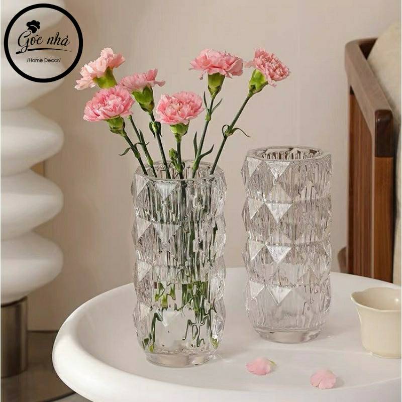 Bình hoa thủy tinh cao cấp vân kim cương nổi trang trí nhà cừa