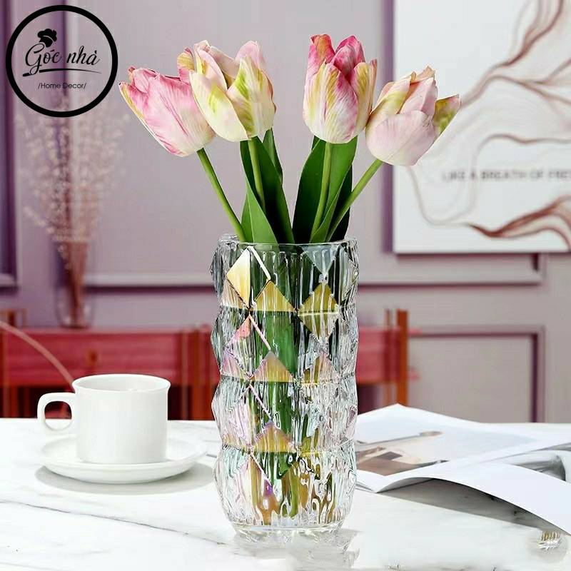 Bình hoa thủy tinh cao cấp vân kim cương nổi trang trí nhà cừa