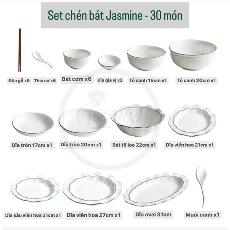 Set chén bát Jasmine