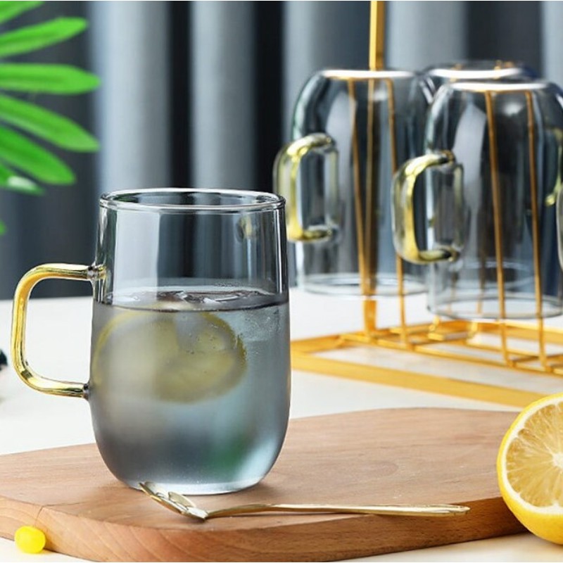 Ly thủy tinh xám khói quai vàng