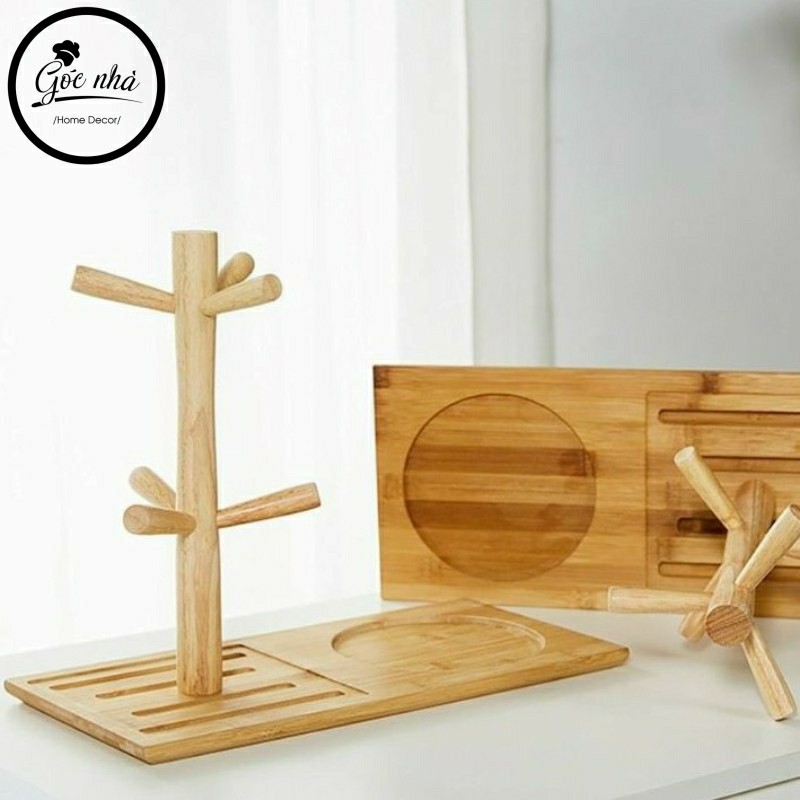 Giá treo ly gỗ kèm khay phức hợp