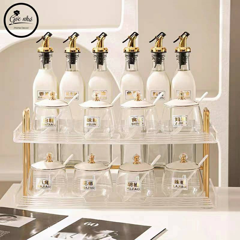 Set gia vị hũ trong khung mạ vàng