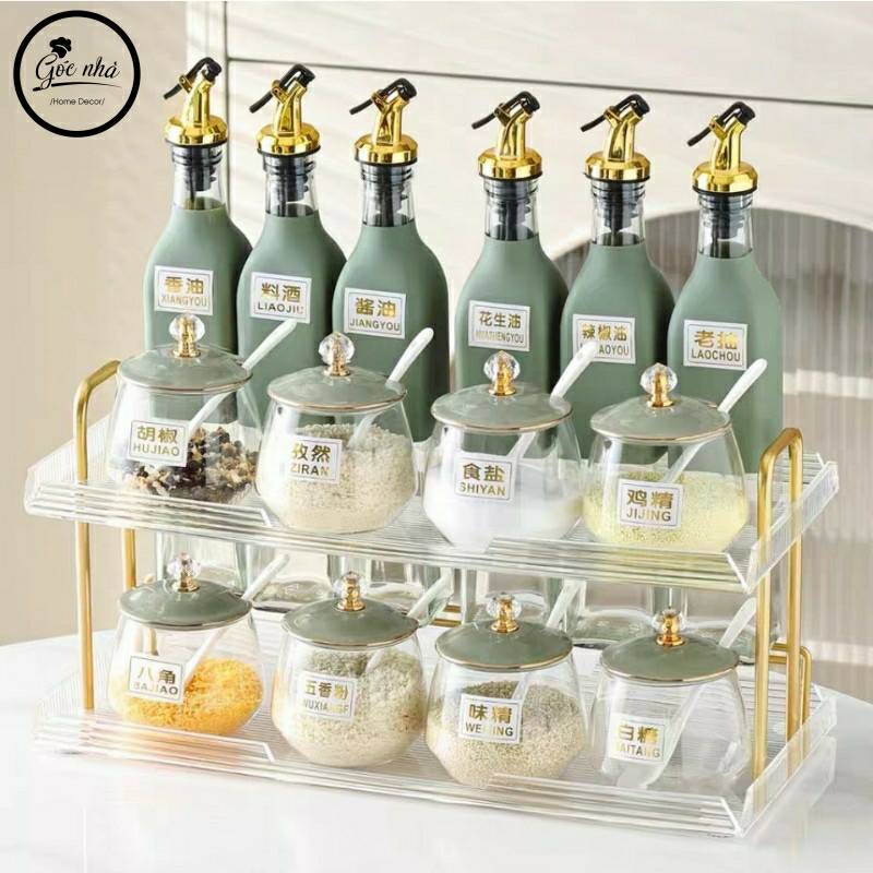 Set gia vị hũ trong khung mạ vàng