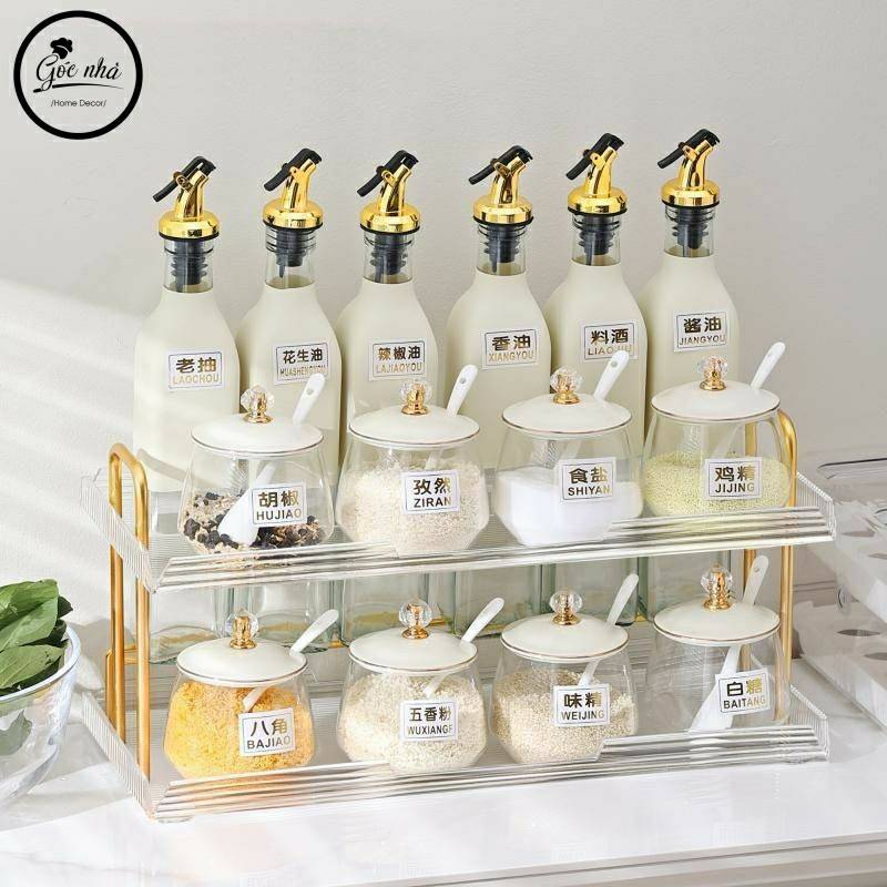 Set gia vị hũ trong khung mạ vàng