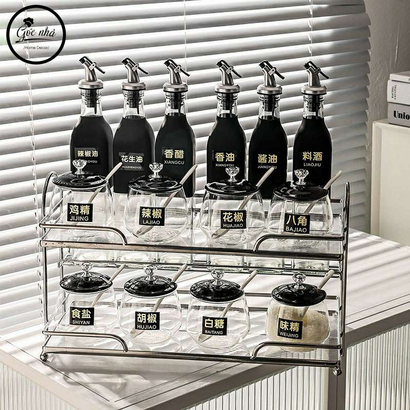 Set gia vị hũ trong khung bạc