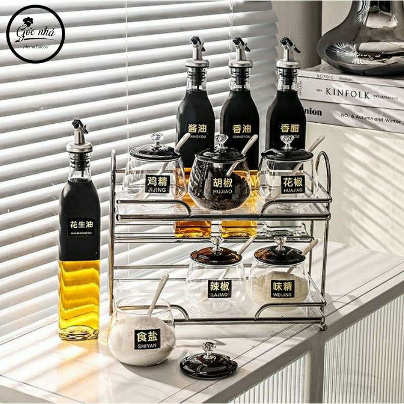 Set gia vị hũ trong khung bạc