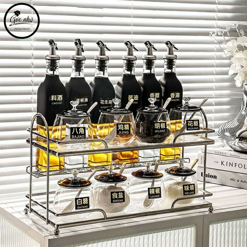 Set gia vị hũ trong khung bạc