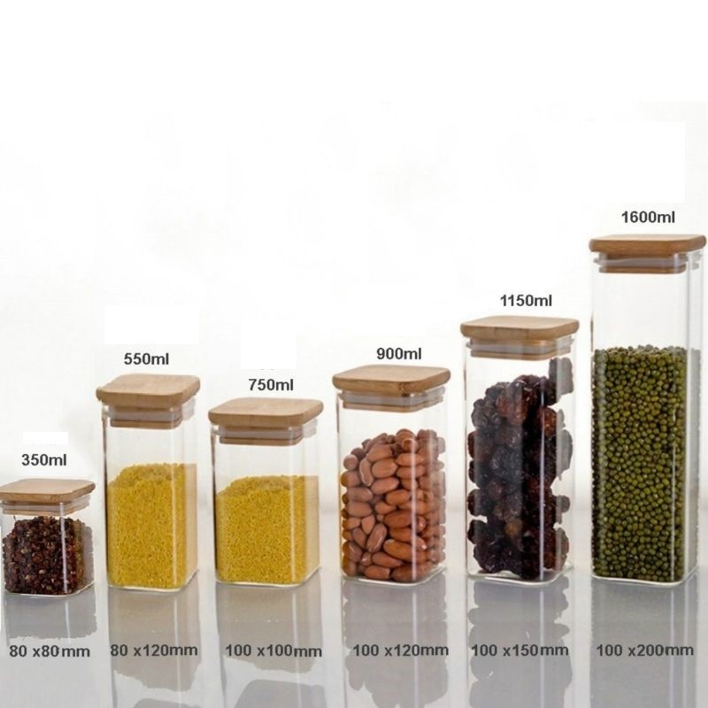 Set 7 Hũ Thủy Tinh Vuông Nắp Gỗ