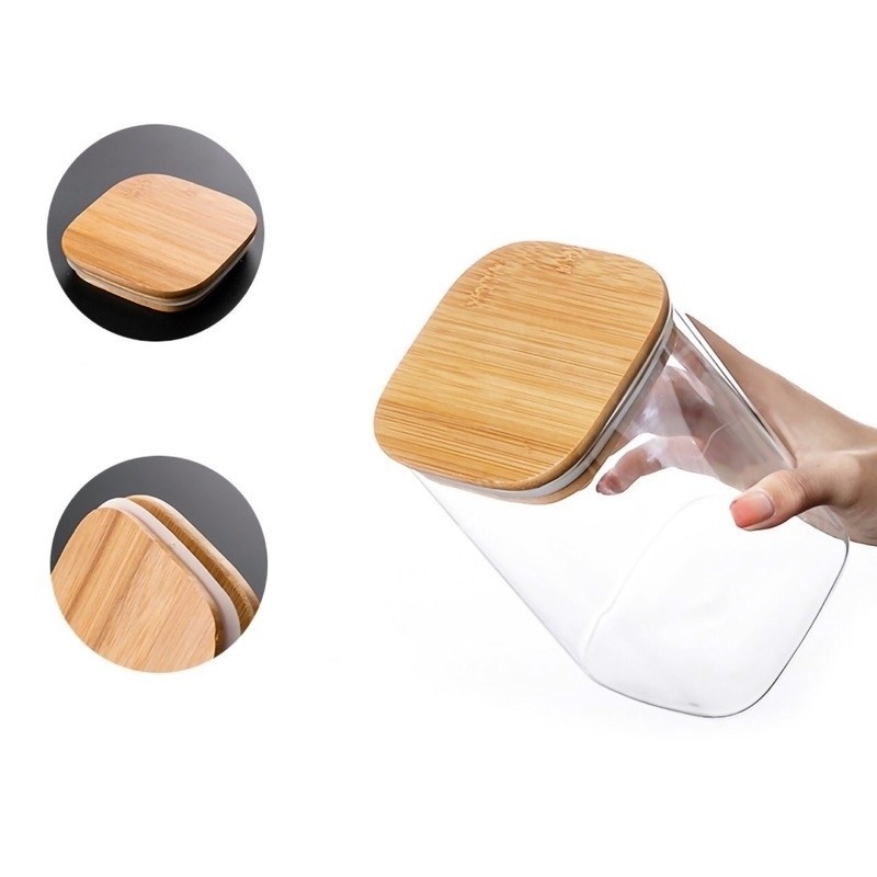 Set 7 Hũ Thủy Tinh Vuông Nắp Gỗ