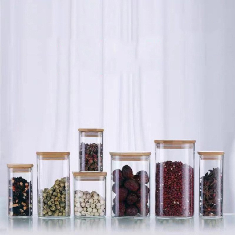 Set 7 Hũ Thủy Tinh Vuông Nắp Gỗ