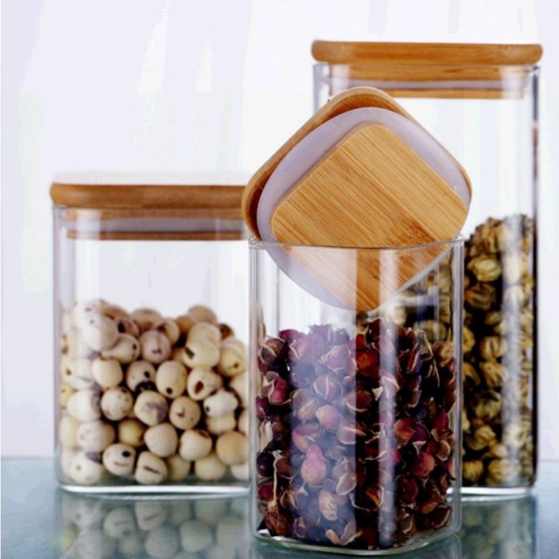 Set 7 Hũ Thủy Tinh Vuông Nắp Gỗ
