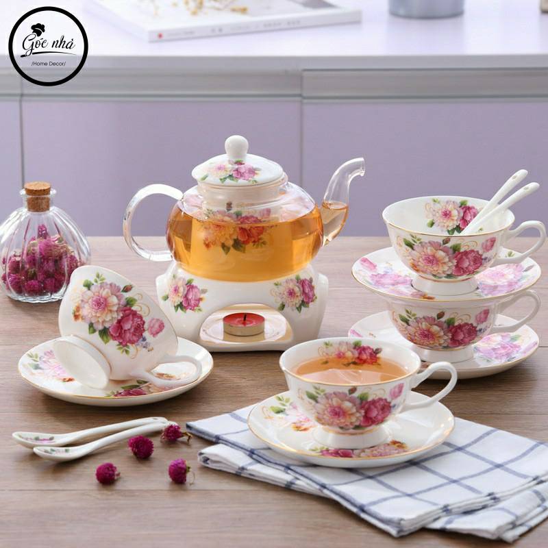 Set trà sứ hoa Rosemary đế nến - 4 tách