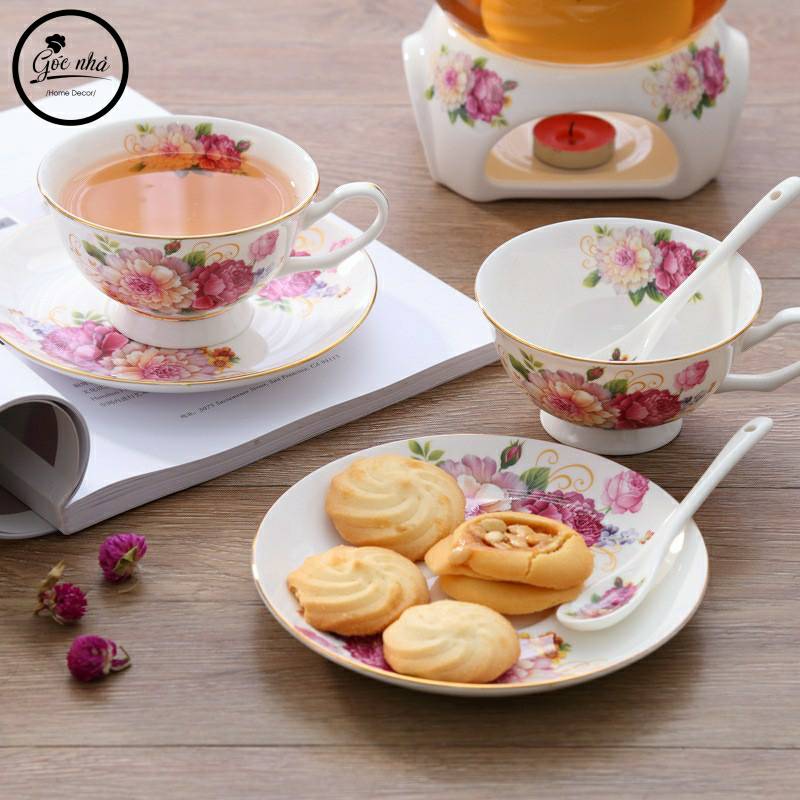 Set trà sứ hoa Rosemary  đế nến - 6 tách