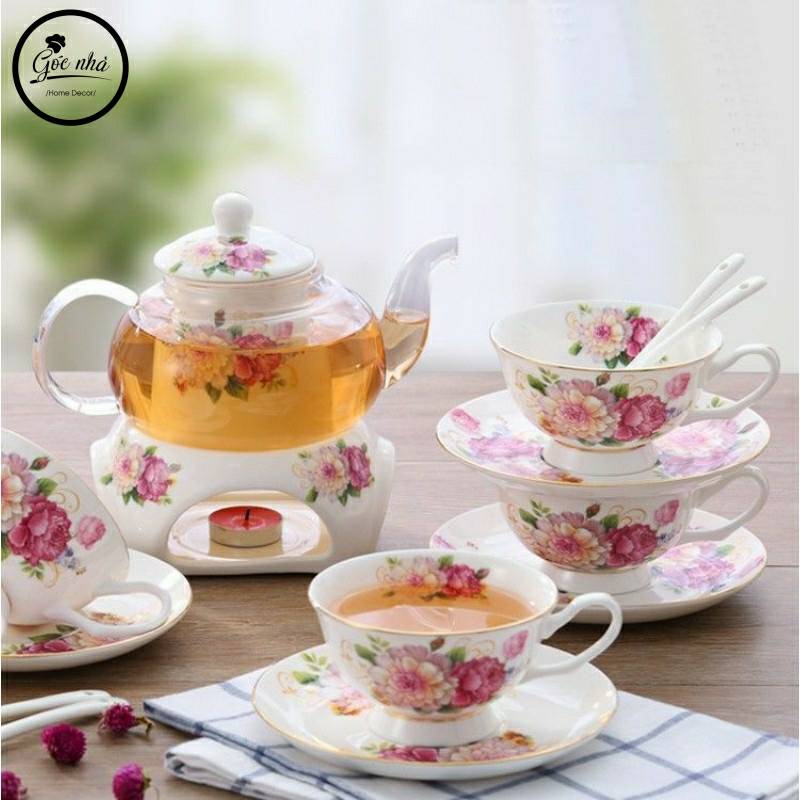 Set trà sứ hoa Rosemary đế nến - 4 tách